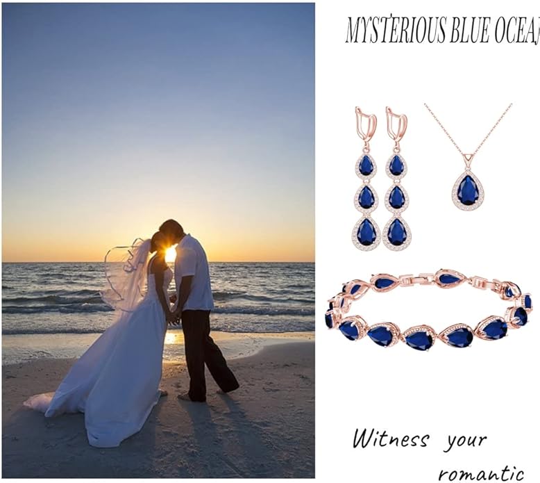 LMXXVJ Necklace Long Earrings Bracelet Set, White Gold Plated Created Blue Sapphire Jewelry Set Wedding Party Gift Jewelry for Women Bridal Bridesmaid