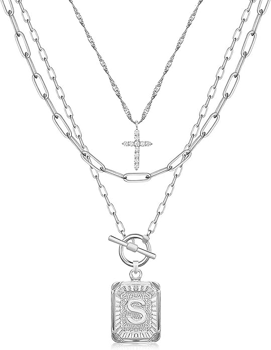 MJartoria Layered Initial Necklaces for Women Trendy, 14K Gold Plated Brass Simple Dainty Cross Choker Square Letter Pendant Necklace, Paperclip Chain Necklaces Jewelry