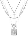 MJartoria Layered Initial Necklaces for Women Trendy, 14K Gold Plated Brass Simple Dainty Cross Choker Square Letter Pendant Necklace, Paperclip Chain Necklaces Jewelry