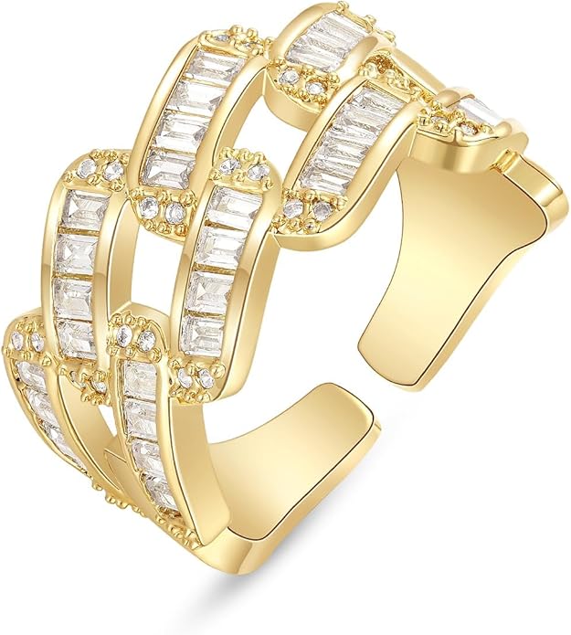 KissYan Gold Rings for Women, 14K Gold Plated Adjustable Statement Irregular Geometric Diamond Twisted Open Stackable Band Chunky Finger Rings Dainty Cubic Zirconia Jewelry Gifts