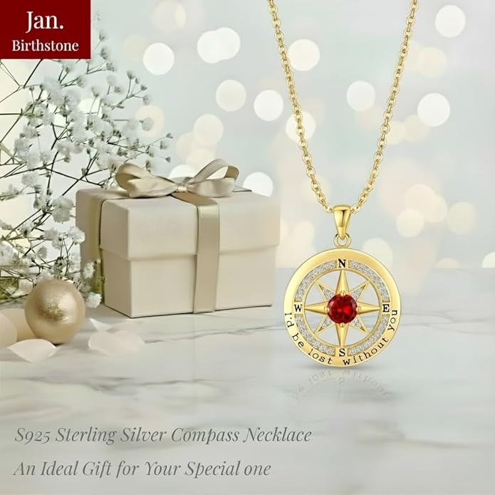 Compass Necklace for Women Wife Girlfriend Mom Daughter Gifts S925 Sterling Silver Jewelry For Anniversary Rose Gold Gifts For Birthday Christmas Mothers Valentines Day 12 Birthstones