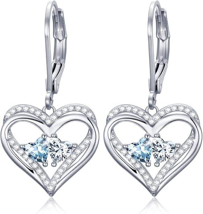 Valentines Day Gifts for Women, Heart Leverback Earrings Double Birthstone Dangle Earrings for Women, Love Jewelry for Her, Anniversary Birthday Gift for Mom Wife Girlfriend