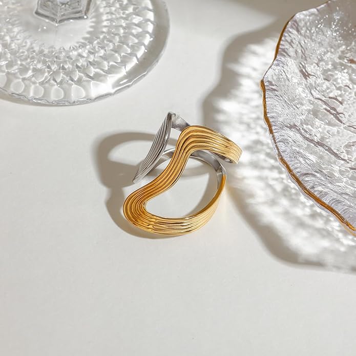 Chunky Rings For Women, Gold Silver Thumb Ring Asymmetrical Wavy Curve Ring Adjustable Non Tarnish Dainty Stainless Steel New Year Anniversary Birthday Jewelry Gift