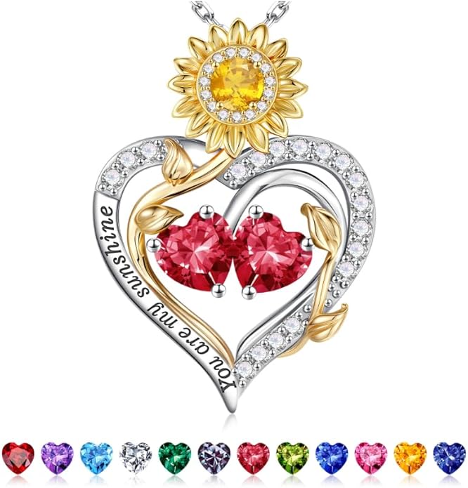 Iefil Valentines Day Gifts for Her - 925 Sterling Silver Sunflower Double Birthstone Necklace for Women, Anniversary Birthday Gifts for Wife, You Are My Sunshine Necklaces, Jewelry for Wife Mom