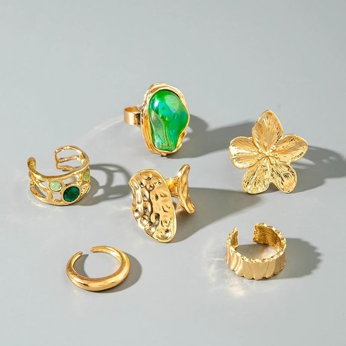 Gold Chunky Baroque Pearl Flower Rings Set,Hammered Open Adjustable Colorful Crystal Knuckle Finger Ring,Punk Party Jewelry Accessories Gift for Women