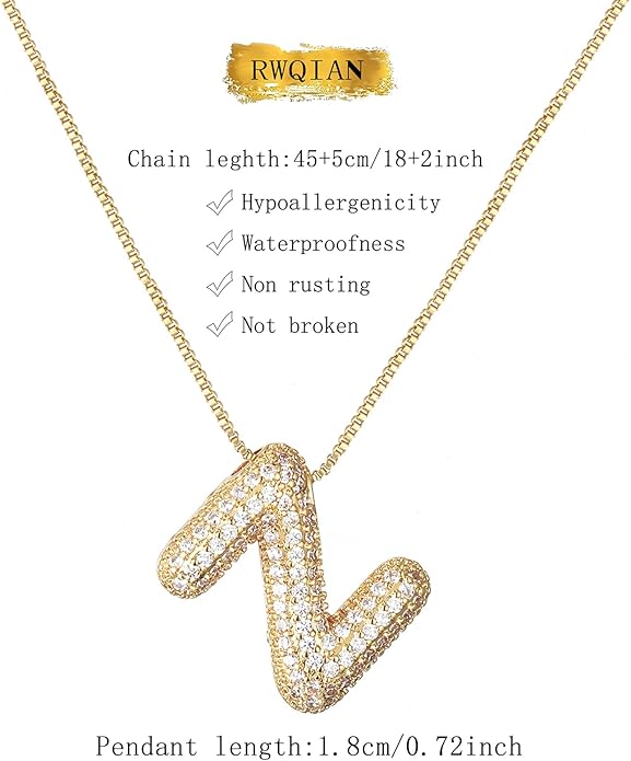 RWQIAN Letter Necklace for Women Bubble, Chunky Initial Alphabet A-Z Pendant Puffy Name Personalized Necklace Dainty Zircon CZ Fashion Jewelry Gifts for Girls Girlfriend