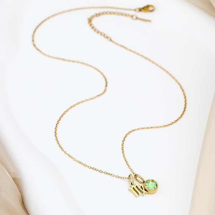 MISS RIGHT Initial Birthstone Necklace for Women - Personalized Gifts Birthday Gifts for Women Stainless Steel 18K Gold Plated Dainty Gold Zodiac Sign 12 Constellation Horoscope Necklace Jewelry