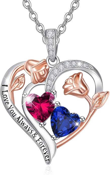 Valentine's Day Gifts for Wife 925 Sterling Silver Double Birthstone Pendant Necklaces I Love You for Always and Forever Necklace Anniversary Birthday Gifts for Wife Girlfriend Mom Her