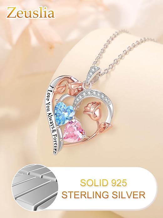 Valentine's Day Gifts for Wife 925 Sterling Silver Double Birthstone Pendant Necklaces I Love You for Always and Forever Necklace Anniversary Birthday Gifts for Wife Girlfriend Mom Her