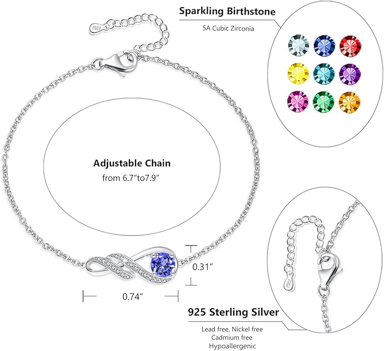 Birthstone Bracelets for Women 925 Sterling Silver Created Gemstone Bracelet Infinity Pendant Jewelry for Her, 6.7"+1.2"