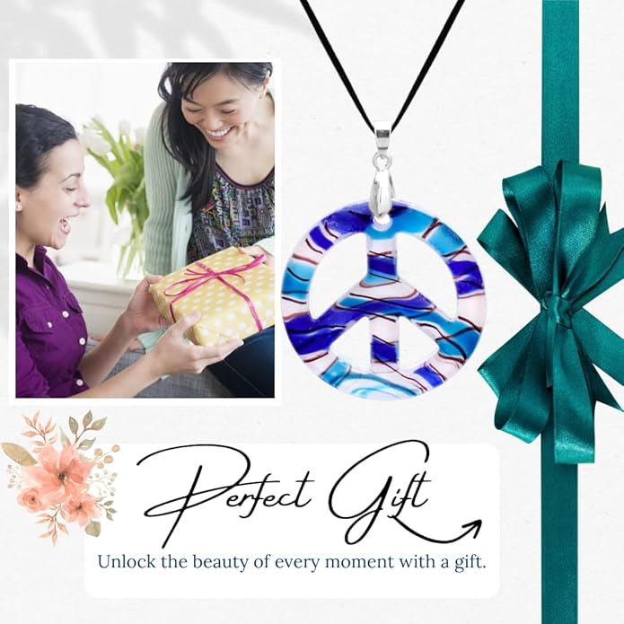 BESHEEK Murano Inspired Peace Sign Blown Glass Lampwork Art Pendant Necklace for Women Handcrafted Artisan Hypoallergenic Italian Style Jewelry