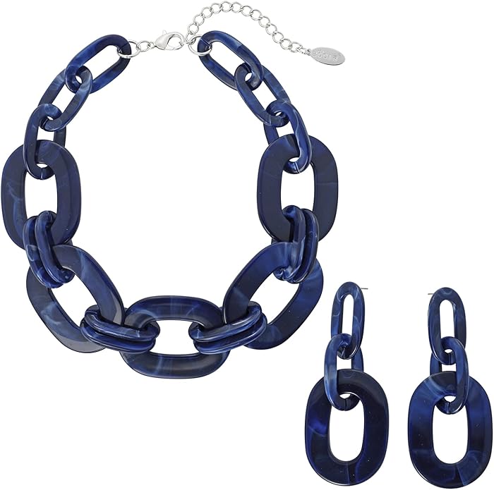 Bocar Acrylic Chunky Statement Necklace for Women Cube Link Chain Collar Necklace and Hoop Earrings Costome Jewelry Set