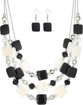 Layered Beaded Statement Necklaces for Women Square Shell Bead Collar Necklace and Earring Set Birthday Gifts Boho Jewelry Sets for Women