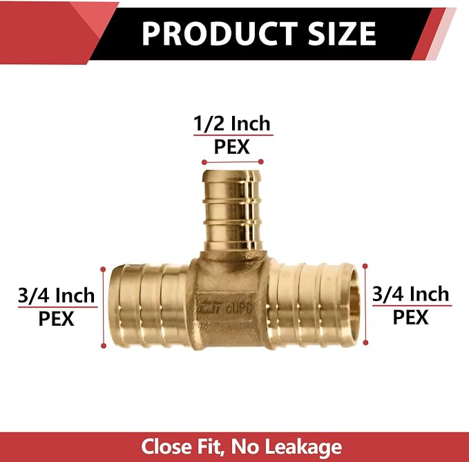 10PC EFIELD Barb Pex 3/4" x 3/4" x 1/2" Reducing Tee Brass Crimp Fittings | - Image 2