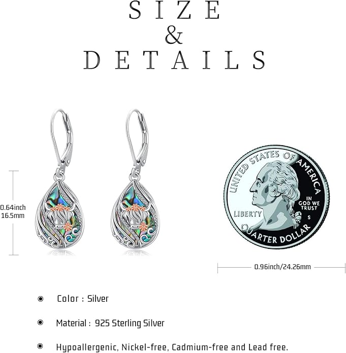 Animal Earrings 925 Sterling Silver Abalone Shell Dangle Drop Earrings Leverback Earrings Cute Animal Jewelry Gifts for Women Girlfriend