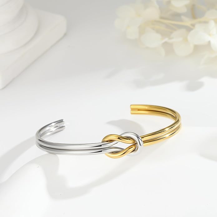 Turandoss Gold Knot Bangle Bracelets for Women - Dainty 18K Gold Plated Cuff Bangle Bracelets for Women Trendy Personalized Open Love Knot Bracelet Adjustable Cuff Bracelet Valentine Gifts for Her
