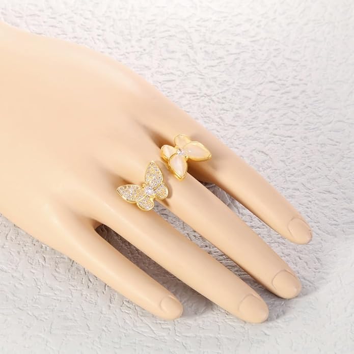 Double Butterfly Rings for Women AAA Cubic Zirconia Finger Ring Ladies Fashion Hand Jewelry Natural Stone Adjustable Ring