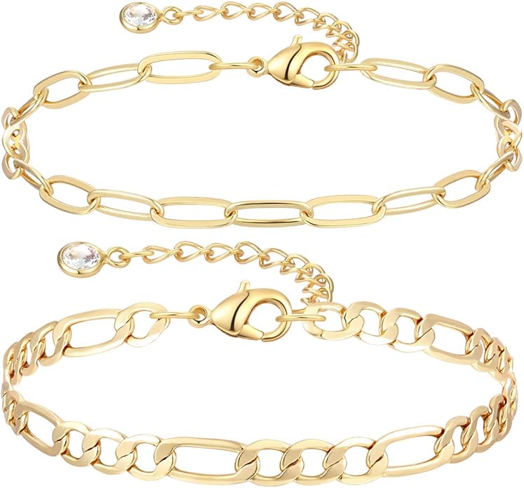 Dainty Layered Gold Chain Bracelet for Women 14K Gold Plated Handmade Adjustable Bracelet Satellite Beads Oval Mariner Figaro Link Chain Bracelets Minimalist Layering Stacking Jewelry Gift for Women