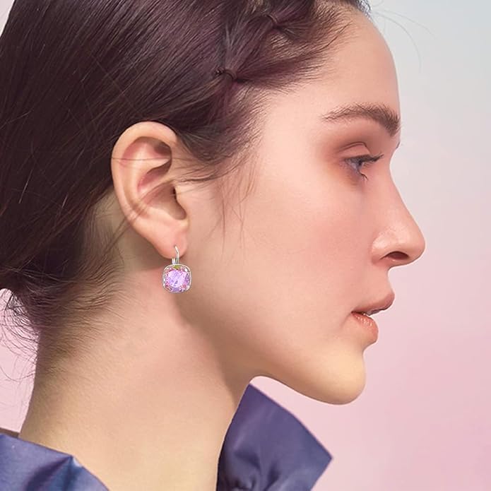 AOBOCO Sterling Silver Leverback Earrings Embellished with Crystals from Austria, Hypoallergenic Cushion Cut Square Crystal Earrings, Fine Anniversary Birthday Jewelry Gifts for Women