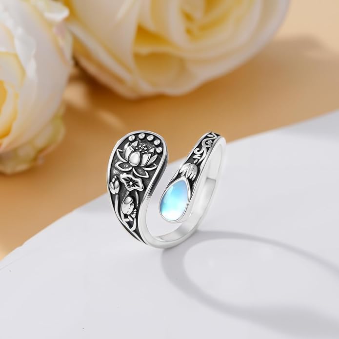 Midari Sun and Moon/Bee/Celtic/Life of Tree/Lotus Spoon Ring for Women 925 Sterling Silver Adjustable Ring Open Ring for Women Men Halloween Birthday Gift