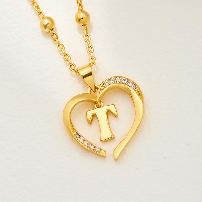 Cicy Bell Womens Heart Initial Necklace for Women 18k Gold Plated Shell Personalized Letter Pendant Necklace 17.7'' with 2'' Extender