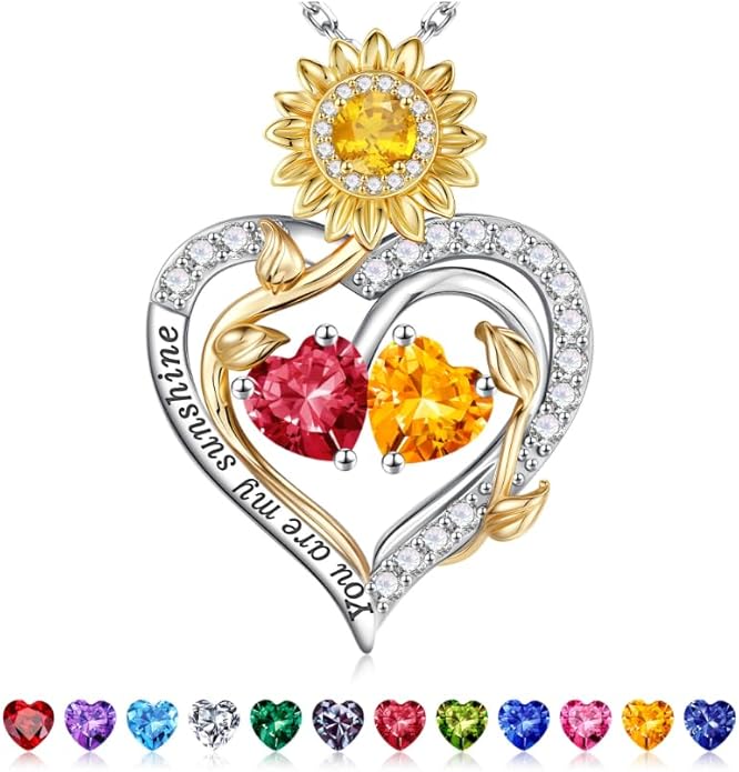 Iefil Valentines Day Gifts for Her - 925 Sterling Silver Sunflower Double Birthstone Necklace for Women, Anniversary Birthday Gifts for Wife, You Are My Sunshine Necklaces, Jewelry for Wife Mom