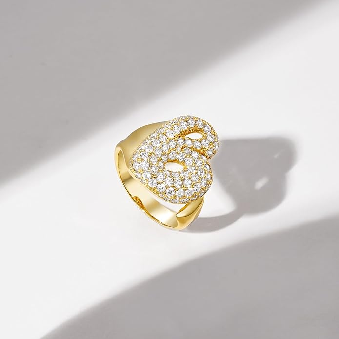 KissYan Bubble Initial Ring Valentines Day Gifts for Women, 14k Gold Plate Balloon Jumbo Letter Rings Open Adjustable Dainty Pave CZ Personalized Fashion Trendy Statement Jewelry