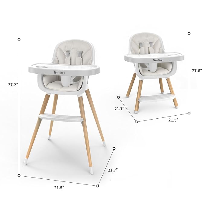 Baby High Chair, Wooden Highchair with Removable Tray, Adjustable Legs, Cushion, 5-Point Harness and Footrest for Infants, Baby, Toddlers, Gray