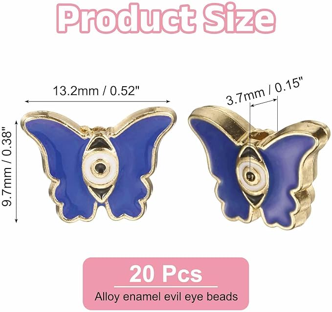MECCANIXITY 20 Pcs Butterfly Evil Eye Beads Colorful Flat Loose Spacer Evil Eye Charms for DIY Bracelet Earrings Necklace Crafts Jewelry Making, Bright Blue