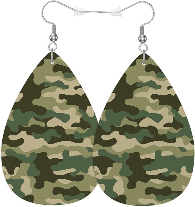 Military Camouflage Leather Teardrop Earrings For Women Green Shadow Jungle Camouflage Western Earrings For Friends Gift Drop Dangle Earrings