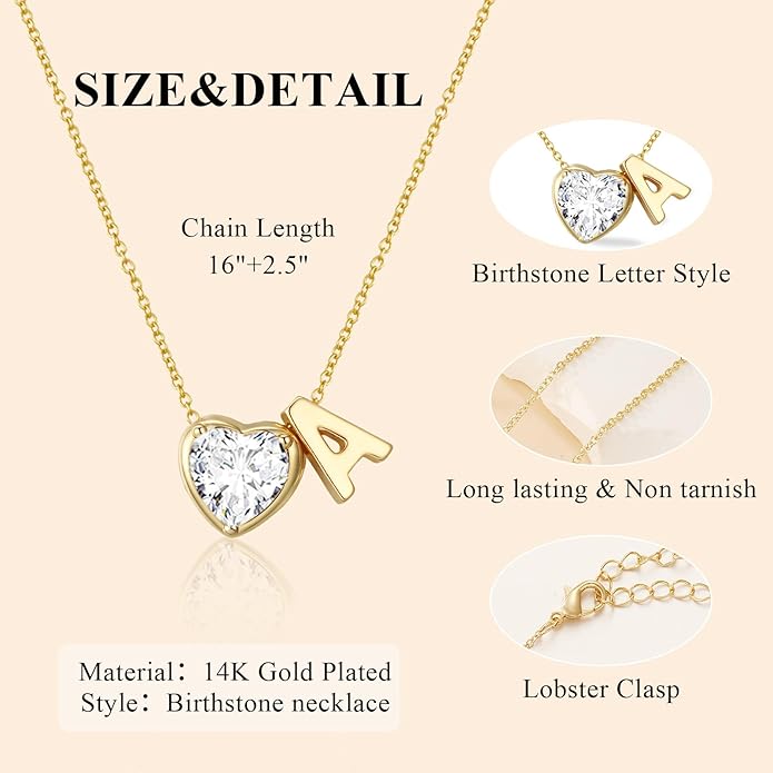 Valentines Day Gifts for Her- Heart Birthstone Initial Necklace for Women Girls,14K Gold Plated Heart Letter A-Z Necklace Birthday Trendy Jewelry Gifts for Women Girls Daughter