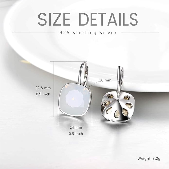 AOBOCO Sterling Silver Leverback Earrings Embellished with Crystals from Austria, Hypoallergenic Cushion Cut Square Crystal Earrings, Fine Anniversary Birthday Jewelry Gifts for Women