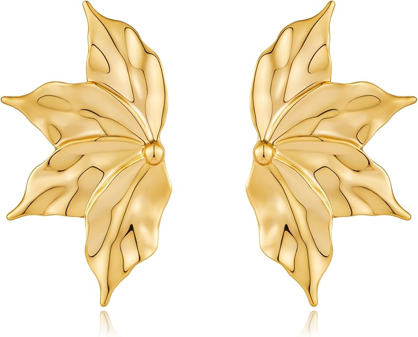 Chunky Gold Statement Earrings For Women Gold Plated Sectored Flower Leaf Shell Angel Wing Earrings Trendy Boho Jewelry For Women Large Stud Earrings Hypoallergenic Earrings