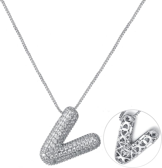 RWQIAN Letter Necklace for Women Bubble, Chunky Initial Alphabet A-Z Pendant Puffy Name Personalized Necklace Dainty Zircon CZ Fashion Jewelry Gifts for Girls Girlfriend
