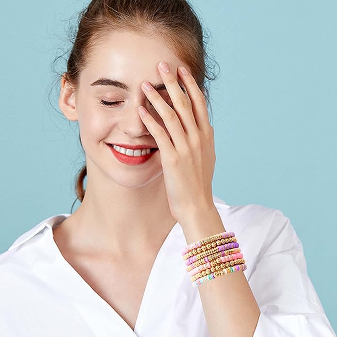 GOOJIDS Surfer Heishi Clay Bead Bracelets for Women Bohemian Stackable Gold Plated Beaded Stretch Bracelets Elastic Layering Friendship Bracelets Set Boho Jewelry