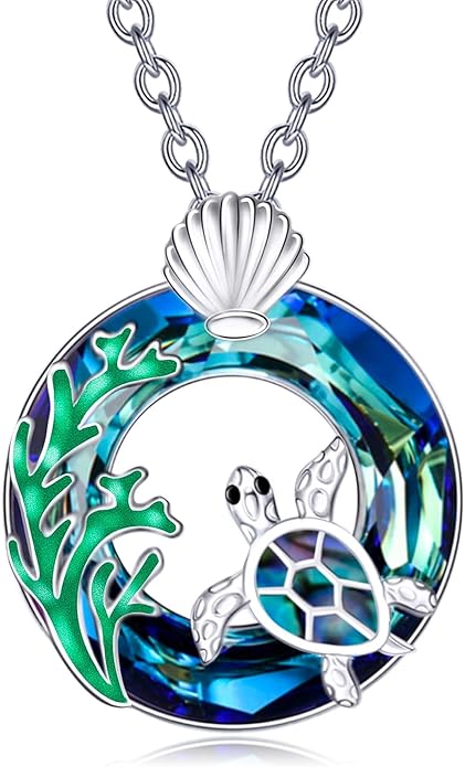 TOUPOP Sea Turtle/Mermaid/Dolphin/Shell/Starfish/Conch/Seahorse Necklace for Women Sterling Silver Ocean Pendant Necklace with Crystal Ocean Beach Charm Jewelry Birthday Christmas Gifts