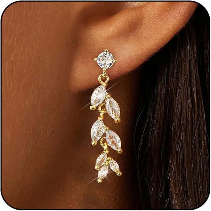 14K Gold Plated Dangle Earrings for Women Dainty Silver Drop Earring Trendy Small Long Dangling Wedding Bridesmaid Hoop Diamond Crystal Cute Earring Jewelry Valentine Gifts