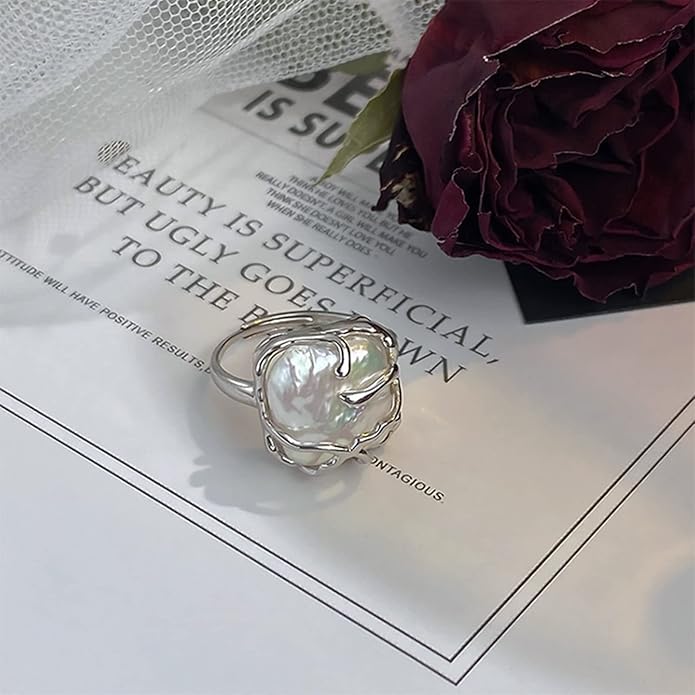 HETICA Irregular Pearl Silver Ring for Women Baroque Pearl Ring Fashion Statement Ring Jewelry Gift