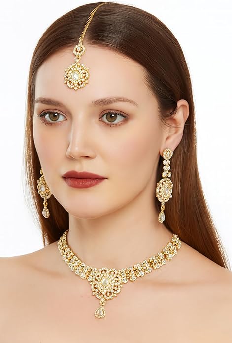 Touchstone Indian jewelry sets for women gold wedding tikka necklace set guest costume fancy bridal jewellery rhinestone crystal elegant formal prom evening wear dainty accessories