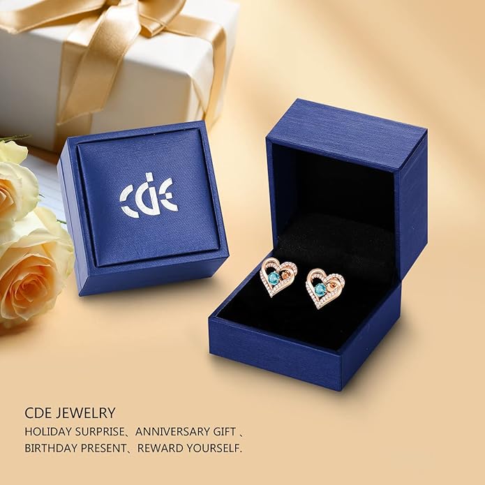 CDE Forever Love Heart Stud Earrings for Women, 925 Sterling Silver Birthstone Heart Stud Earrings Christmas Day Mother's Day Gift Anniversary Birthday Jewelry Gifts for Women Wife Her