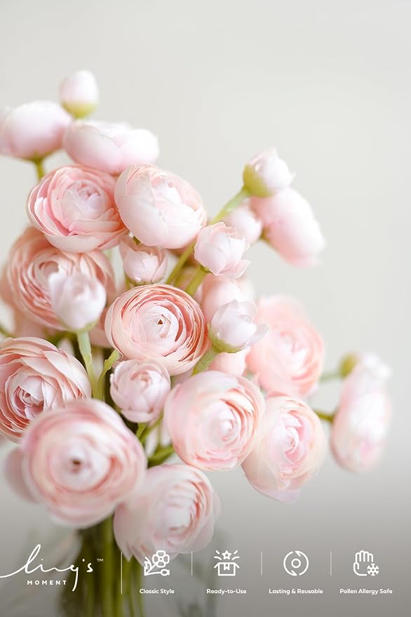 Ling's moment Fake Flowers Artificial Flower Faux Silk Ranunculus Pink | Silk - Image 3