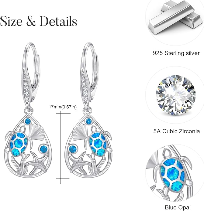 Turtle Earrings for Women S925 Sterling Silver Hawaii Blue Opal Sea Starfish Dangle Earring Tortoise Drop Animal Statement Ocean Summer Beach Vacation Jewelry Mothers Day Christmas Gift