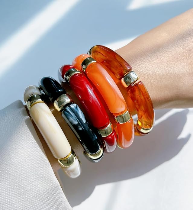 iF YOU 6pcs Chunky Acrylic Bangle Bracelets for Women, Resin Bamboo Brown Stretchy Bracelet Stack, Fashion Jewelry for Women