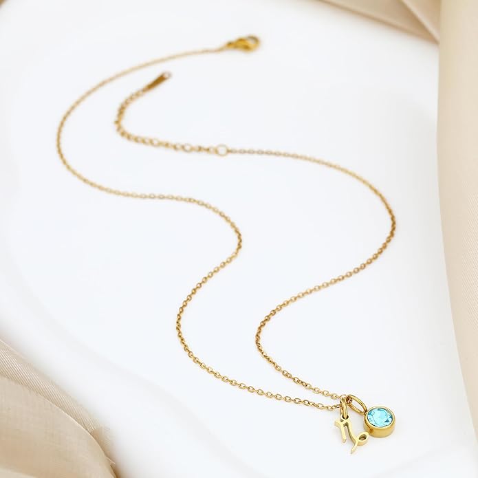 MISS RIGHT Initial Birthstone Necklace for Women - Personalized Gifts Birthday Gifts for Women Stainless Steel 18K Gold Plated Dainty Gold Zodiac Sign 12 Constellation Horoscope Necklace Jewelry