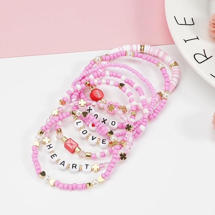 Beaded Bracelet for Women Pink Love Heart Stretch Bracelets Accessories