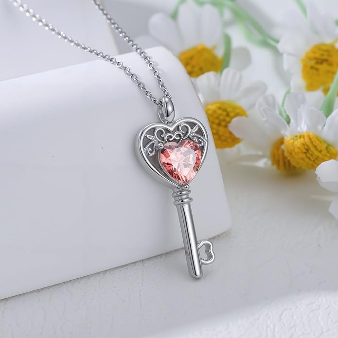 WSX Heart Key Birthstone Necklace for Women 925 Sterling Silver Love Key Pendant with Birthstone Valentine's Day Anniversary Jewelry Gift for Her