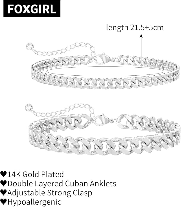 Foxgirl Gold Ankle Bracelets for Women 14K Gold Plated/Silver Anklets for Women Waterproof Minimalist Cuban Link Anklets Set Dainty Layered Ankle Bracelets Anklets for Women Gold Anklet Jewelry Gifts