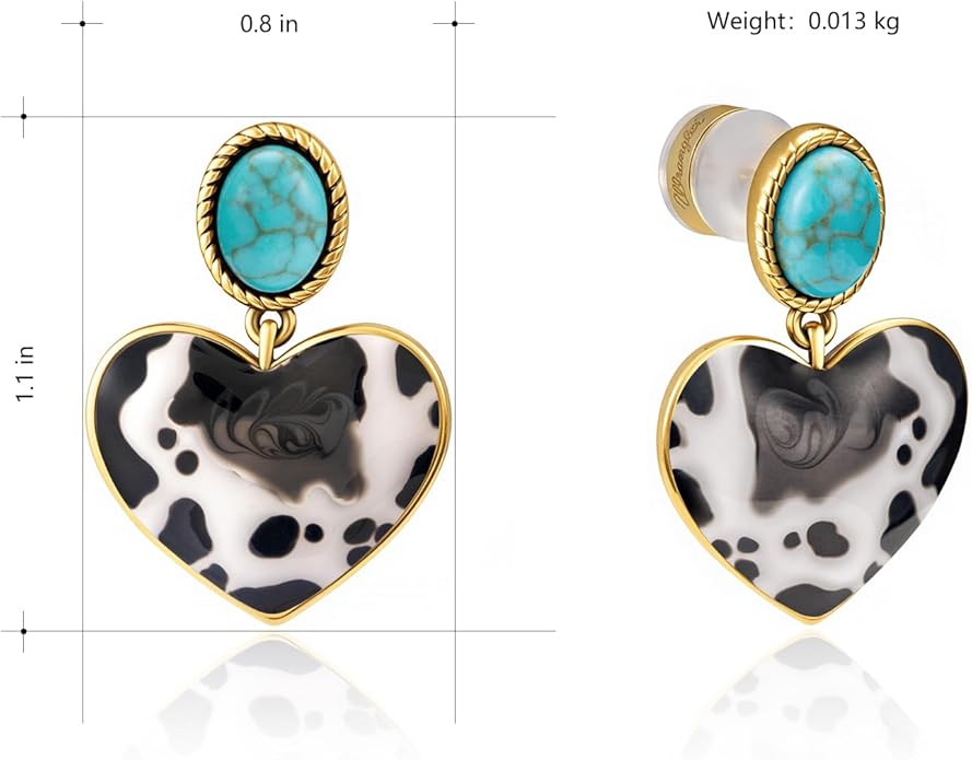 Wrangler Western Heart Drop Dangle Earrings for Women Statement 14k Gold Turquoise Cow Print Cowgirl Trendy Jewelry