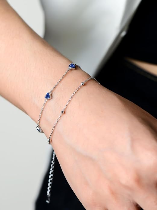 Birthstone Anklet/Bracelets for Women 925 Sterling Silver Charm Link Double Strand Heart Birthstone Jewelry Gift for Wife Women Mother's Day Gift