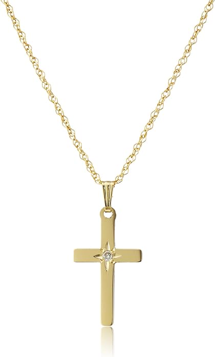 Amazon Essentials Women's 14k Yellow Gold Solid 0.02 cttw Diamond-Accented Cross 18" Pendant Necklace